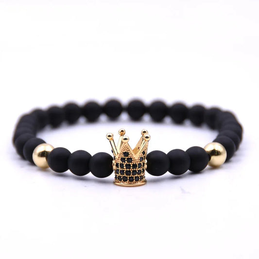FCJ 6mm Matte Black Micro-Inlaid Crown Plus Copper Bead Bracelet Fashion Charm Copper Inlaid Zircon Jewelry