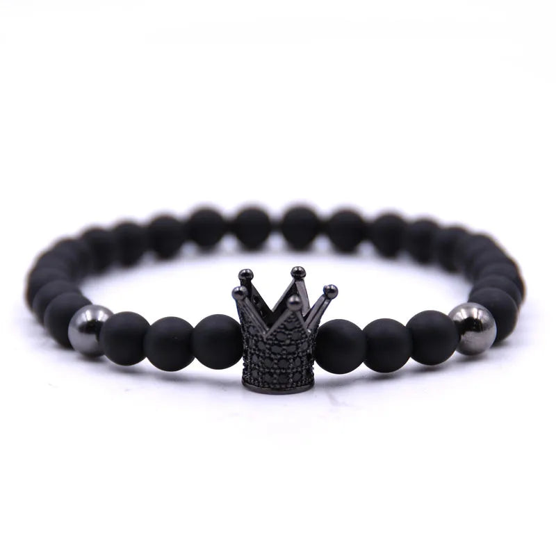 FCJ 6mm Matte Black Micro-Inlaid Crown Plus Copper Bead Bracelet Fashion Charm Copper Inlaid Zircon Jewelry