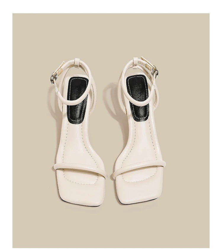 Black Ankle-Strap Buckle Sandal Summer Square Toe Ladies Stiletto High Heel Shoes