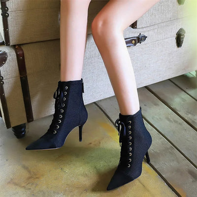 2025 Woman Cross-tied Autumn Ankle Boots Flock Pointed High Heels Shoes