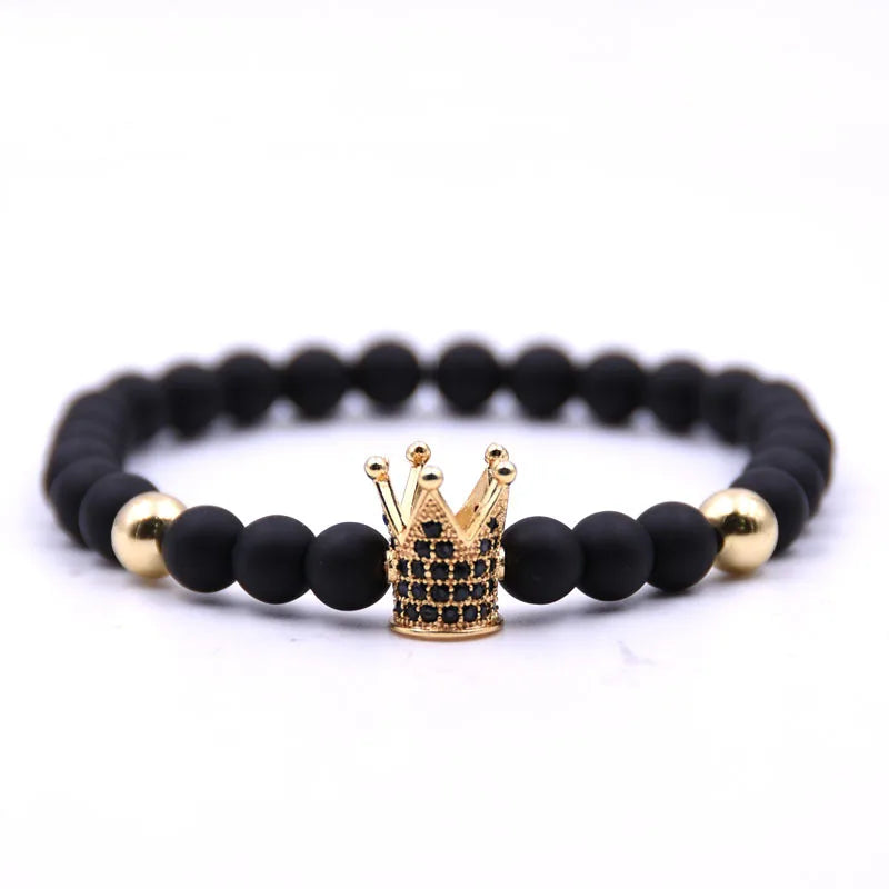FCJ 6mm Matte Black Micro-Inlaid Crown Plus Copper Bead Bracelet Fashion Charm Copper Inlaid Zircon Jewelry