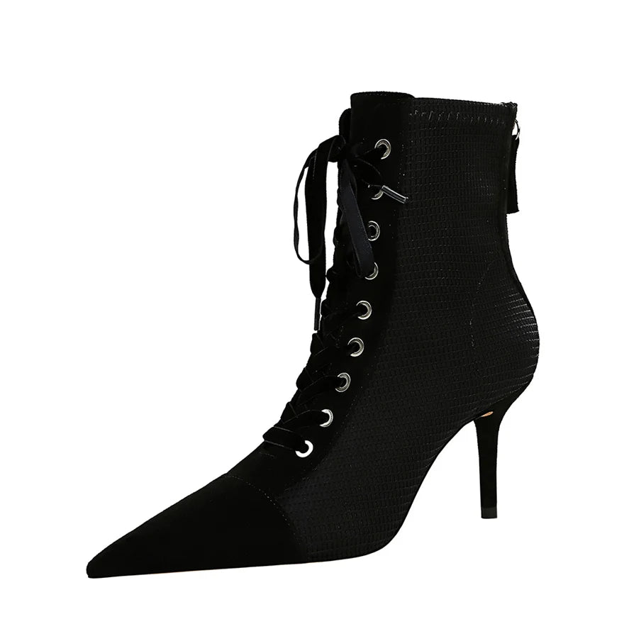 2025 Woman Cross-tied Autumn Ankle Boots Flock Pointed High Heels Shoes