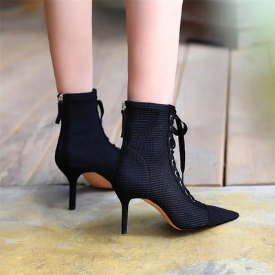 2025 Woman Cross-tied Autumn Ankle Boots Flock Pointed High Heels Shoes