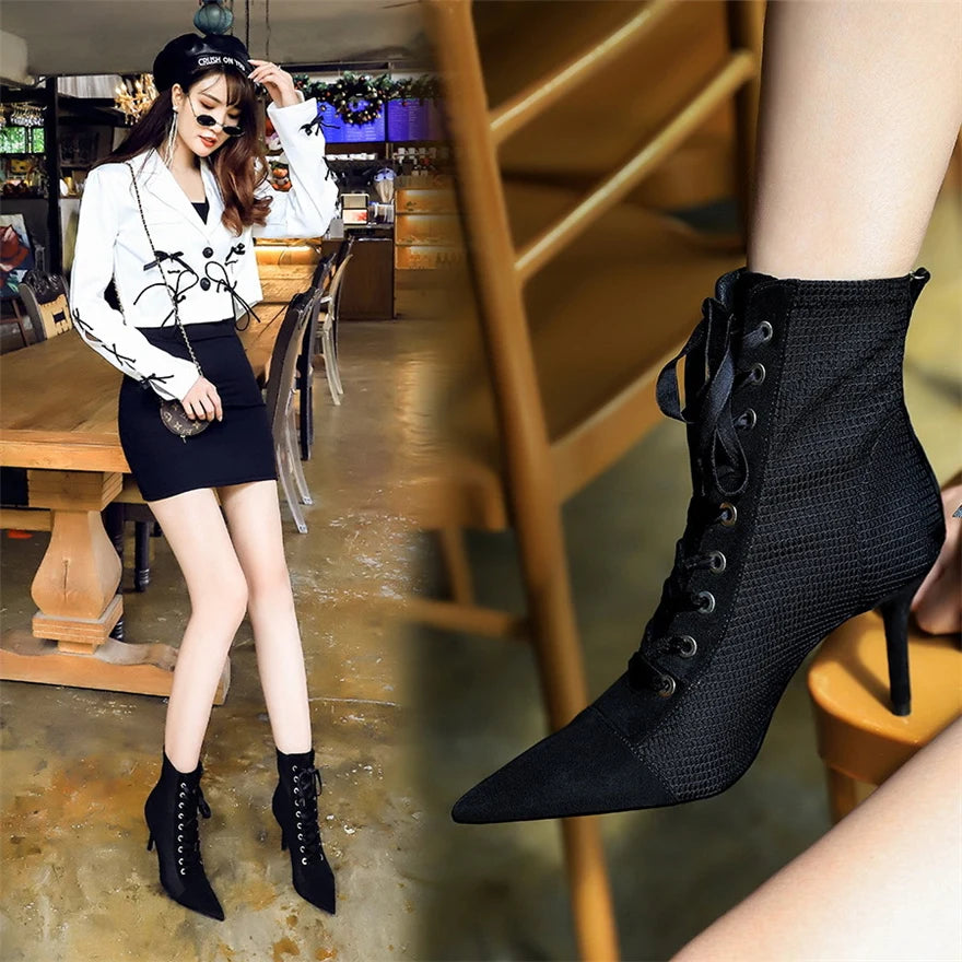 2025 Woman Cross-tied Autumn Ankle Boots Flock Pointed High Heels Shoes