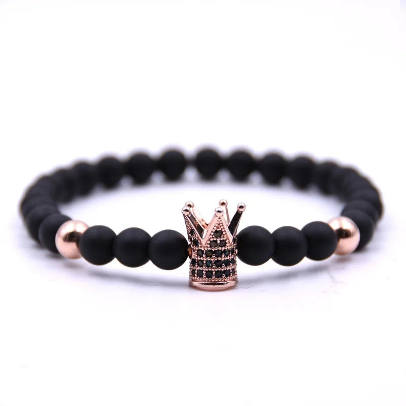 FCJ 6mm Matte Black Micro-Inlaid Crown Plus Copper Bead Bracelet Fashion Charm Copper Inlaid Zircon Jewelry
