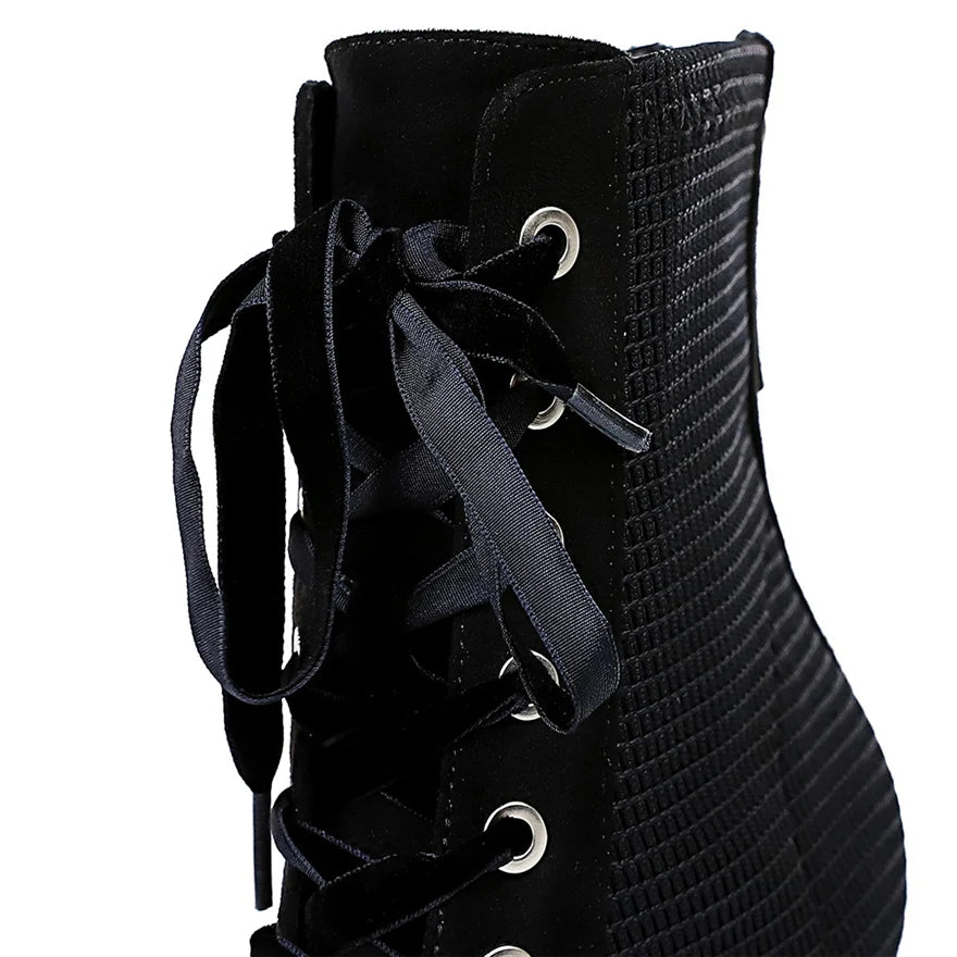 2025 Woman Cross-tied Autumn Ankle Boots Flock Pointed High Heels Shoes