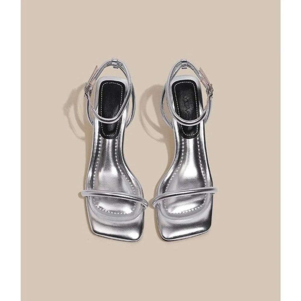 Black Ankle-Strap Buckle Sandal Summer Square Toe Ladies Stiletto High Heel Shoes