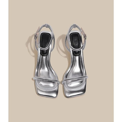 Black Ankle-Strap Buckle Sandal Summer Square Toe Ladies Stiletto High Heel Shoes