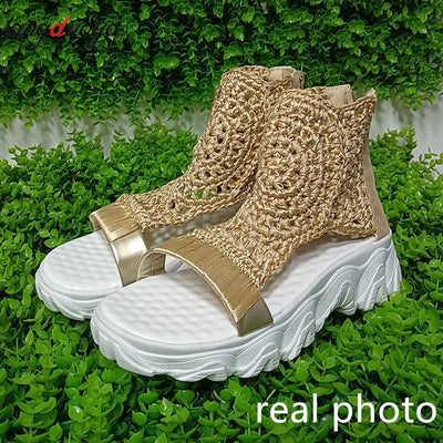 2024 Hot Seller New Gold Knitted Sandals for Women Braided Elastic Summer Shoes