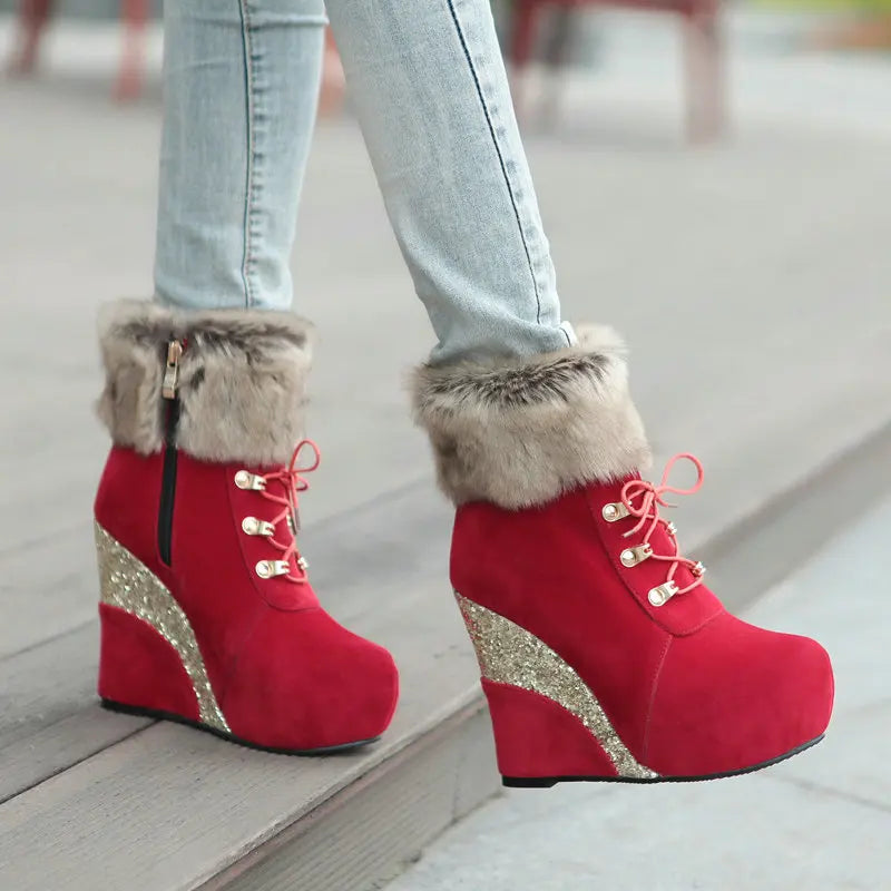 Wedge Shoes Women Suede Snow Boots Warm Plush Booties
