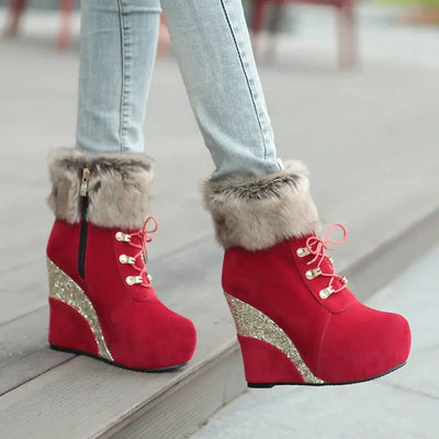 Wedge Shoes Women Suede Snow Boots Warm Plush Booties