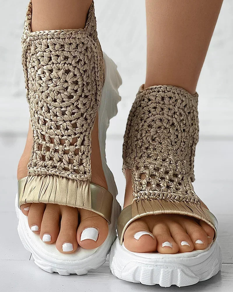 2024 Hot Seller New Gold Knitted Sandals for Women Braided Elastic Summer Shoes