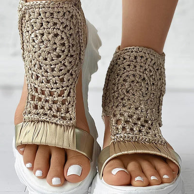2024 Hot Seller New Gold Knitted Sandals for Women Braided Elastic Summer Shoes