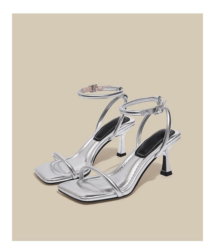 Black Ankle-Strap Buckle Sandal Summer Square Toe Ladies Stiletto High Heel Shoes