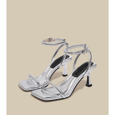 Black Ankle-Strap Buckle Sandal Summer Square Toe Ladies Stiletto High Heel Shoes