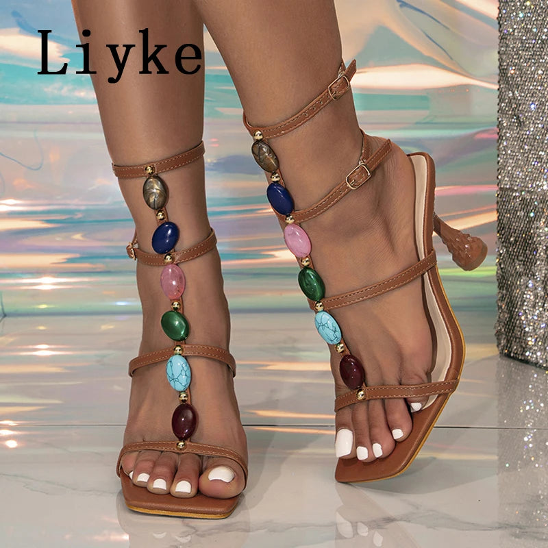 Liyke Designer High Quality Gem Strap Gladiator Sandals