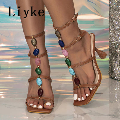 Liyke Designer High Quality Gem Strap Gladiator Sandals