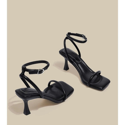 Black Ankle-Strap Buckle Sandal Summer Square Toe Ladies Stiletto High Heel Shoes