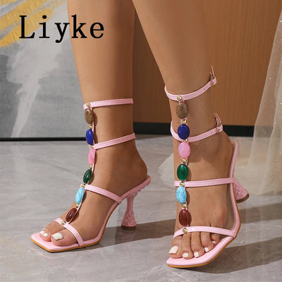 Liyke Designer High Quality Gem Strap Gladiator Sandals