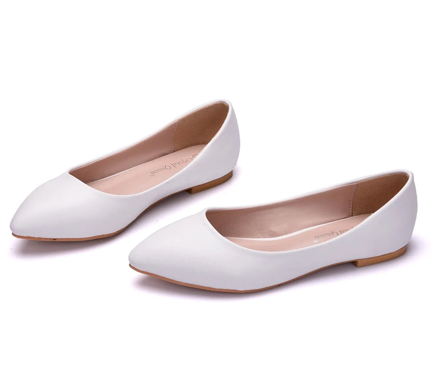 Crystal Queen New Women Shoes Leather Platform Heels White Pointed Toe Girl Flats