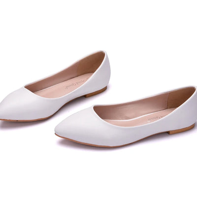 Crystal Queen New Women Shoes Leather Platform Heels White Pointed Toe Girl Flats