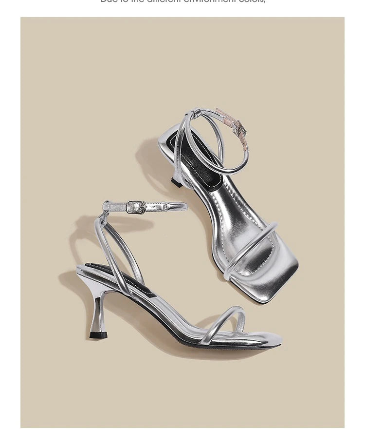 Black Ankle-Strap Buckle Sandal Summer Square Toe Ladies Stiletto High Heel Shoes