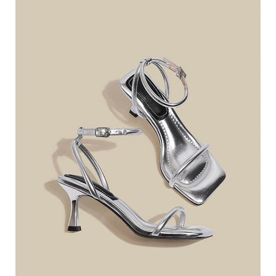 Black Ankle-Strap Buckle Sandal Summer Square Toe Ladies Stiletto High Heel Shoes