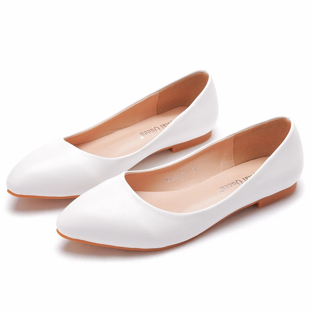 Crystal Queen New Women Shoes Leather Platform Heels White Pointed Toe Girl Flats