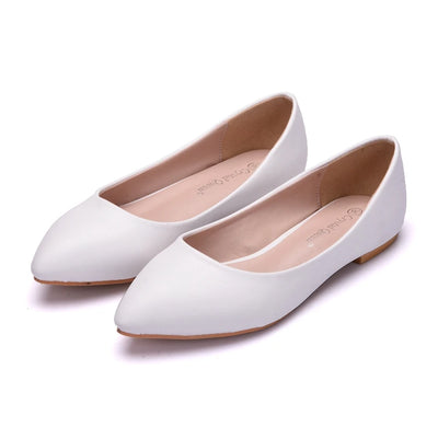 Crystal Queen New Women Shoes Leather Platform Heels White Pointed Toe Girl Flats