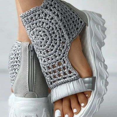 2024 Hot Seller New Gold Knitted Sandals for Women Braided Elastic Summer Shoes