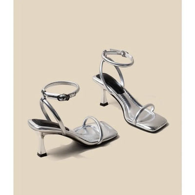 Black Ankle-Strap Buckle Sandal Summer Square Toe Ladies Stiletto High Heel Shoes