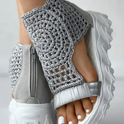 2024 Hot Seller New Gold Knitted Sandals for Women Braided Elastic Summer Shoes