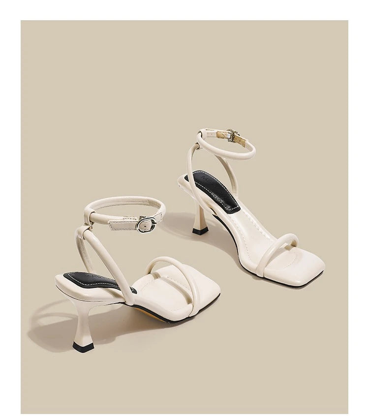 Black Ankle-Strap Buckle Sandal Summer Square Toe Ladies Stiletto High Heel Shoes