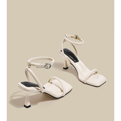 Black Ankle-Strap Buckle Sandal Summer Square Toe Ladies Stiletto High Heel Shoes