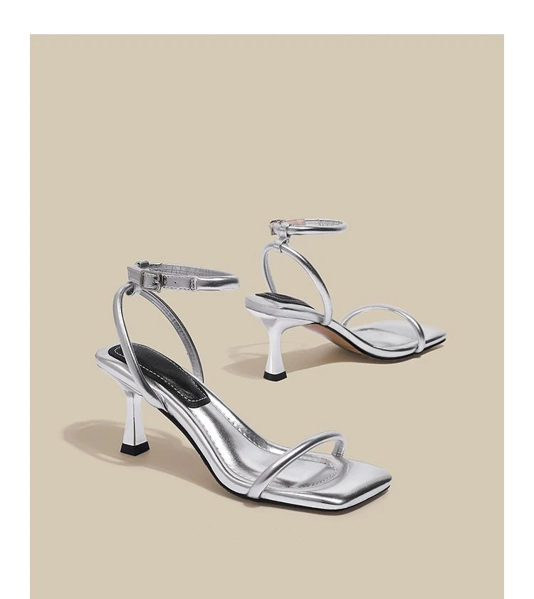 Black Ankle-Strap Buckle Sandal Summer Square Toe Ladies Stiletto High Heel Shoes