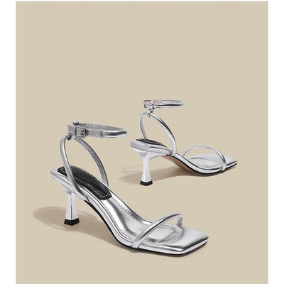Black Ankle-Strap Buckle Sandal Summer Square Toe Ladies Stiletto High Heel Shoes