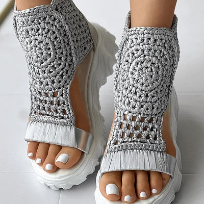 2024 Hot Seller New Gold Knitted Sandals for Women Braided Elastic Summer Shoes