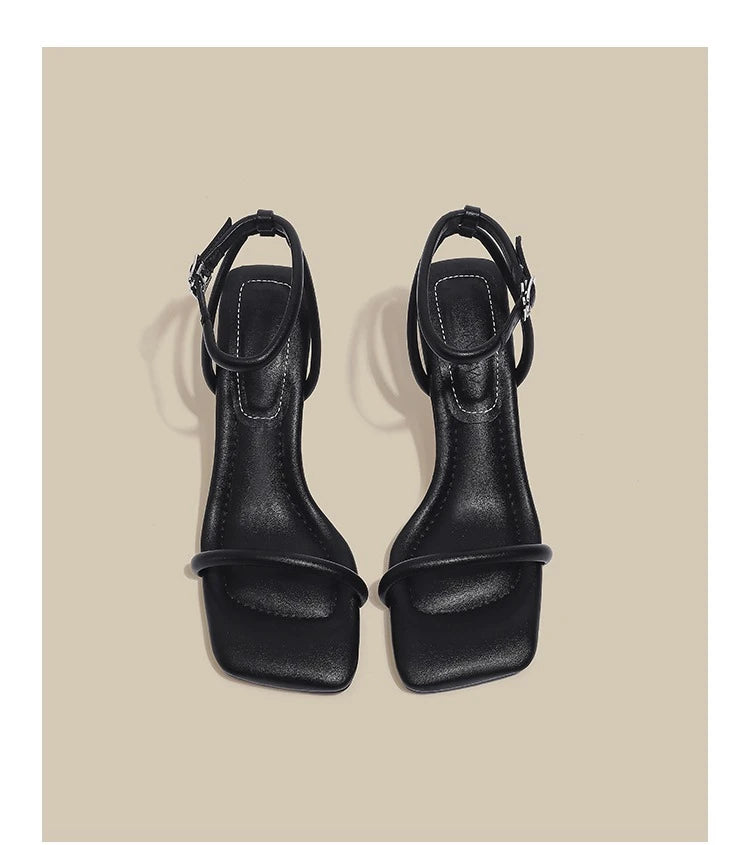 Black Ankle-Strap Buckle Sandal Summer Square Toe Ladies Stiletto High Heel Shoes