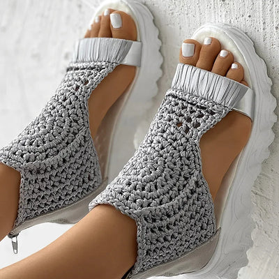 2024 Hot Seller New Gold Knitted Sandals for Women Braided Elastic Summer Shoes
