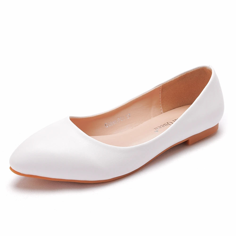 Crystal Queen New Women Shoes Leather Platform Heels White Pointed Toe Girl Flats