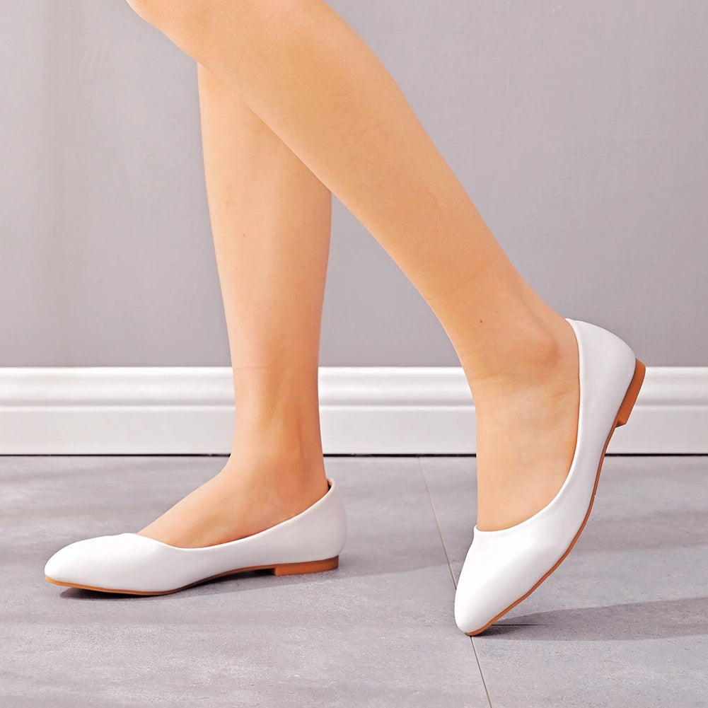 Crystal Queen New Women Shoes Leather Platform Heels White Pointed Toe Girl Flats