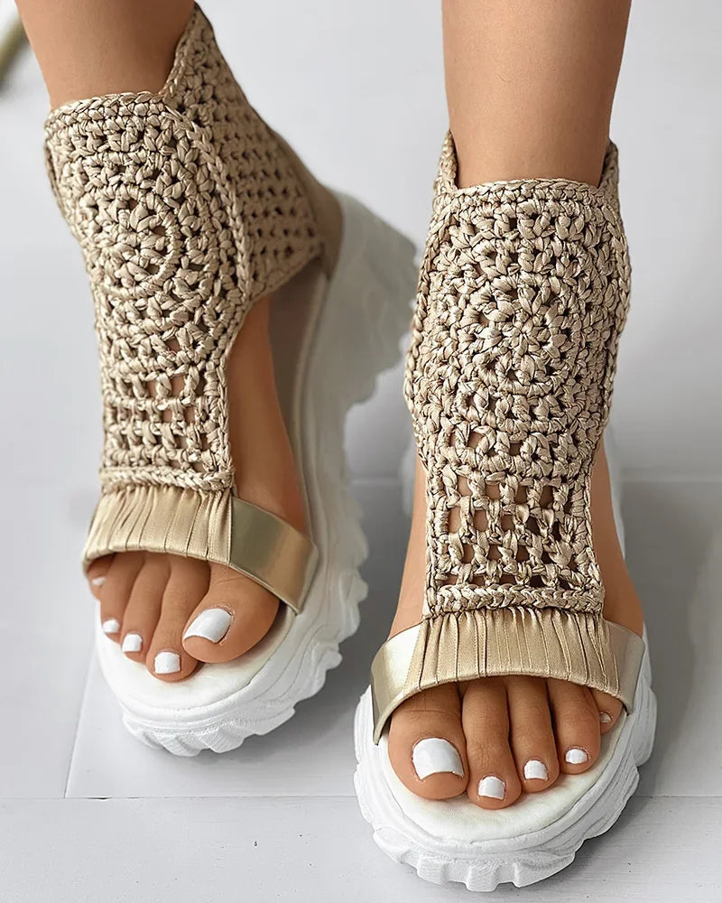2024 Hot Seller New Gold Knitted Sandals for Women Braided Elastic Summer Shoes