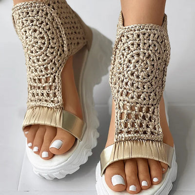 2024 Hot Seller New Gold Knitted Sandals for Women Braided Elastic Summer Shoes