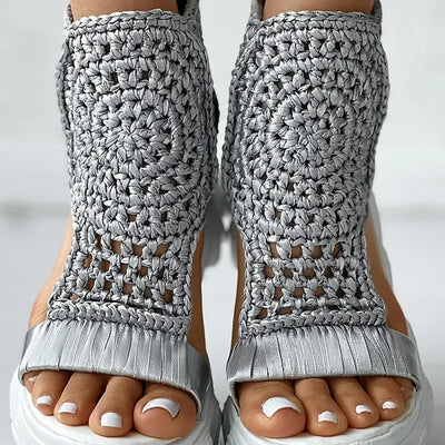 2024 Hot Seller New Gold Knitted Sandals for Women Braided Elastic Summer Shoes