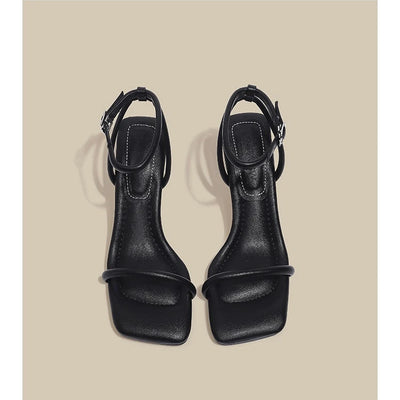 Black Ankle-Strap Buckle Sandal Summer Square Toe Ladies Stiletto High Heel Shoes
