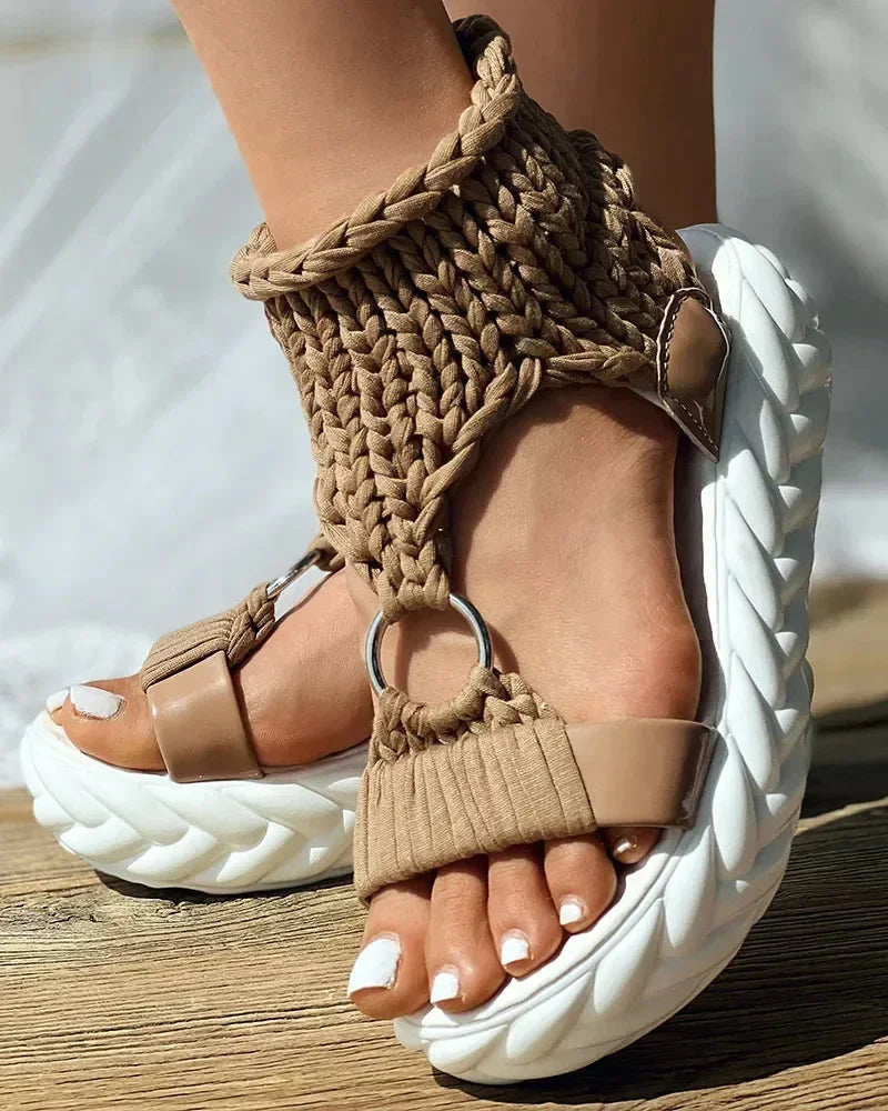 2024 Hot Seller New Gold Knitted Sandals for Women Braided Elastic Summer Shoes