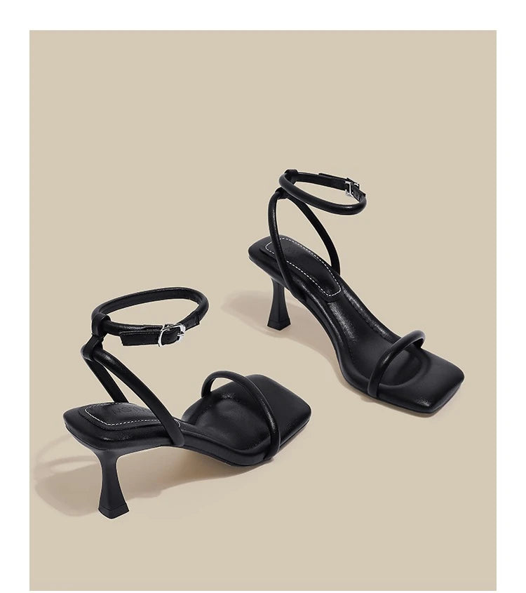 Black Ankle-Strap Buckle Sandal Summer Square Toe Ladies Stiletto High Heel Shoes
