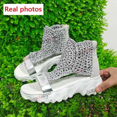 2024 Hot Seller New Gold Knitted Sandals for Women Braided Elastic Summer Shoes