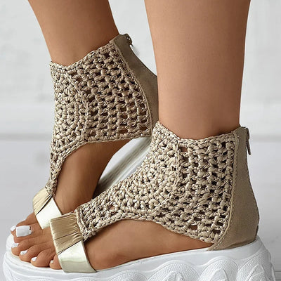 2024 Hot Seller New Gold Knitted Sandals for Women Braided Elastic Summer Shoes