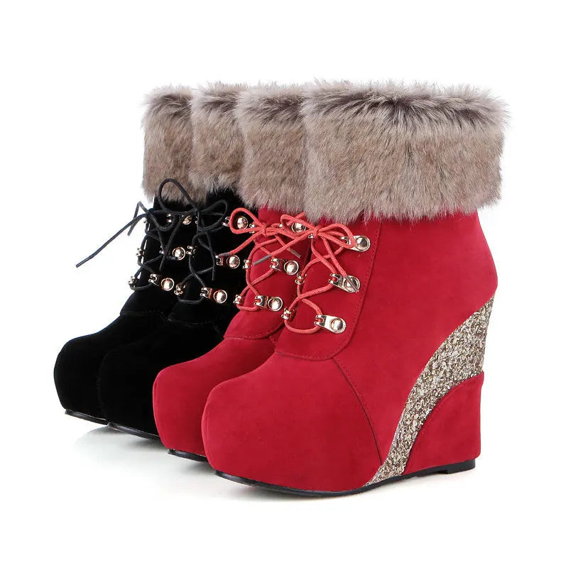 Wedge Shoes Women Suede Snow Boots Warm Plush Booties